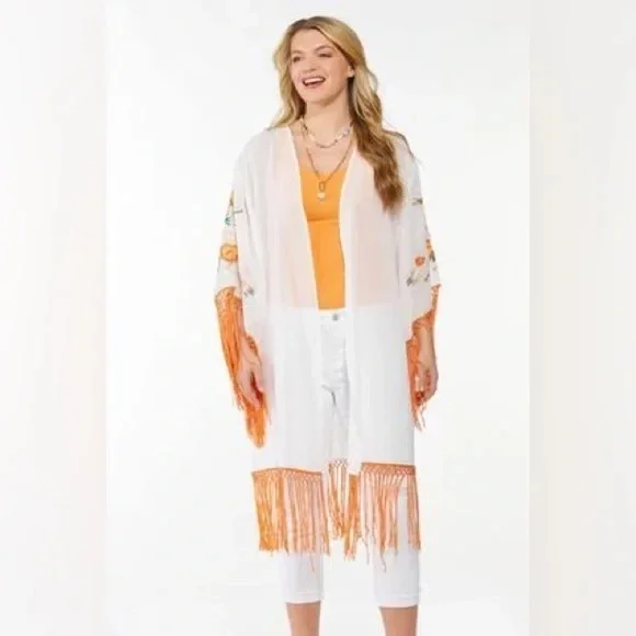 Cato | Embroidered Floral Fringe Kimono Boho Beach Various Sizes Available - Picture 2 of 3